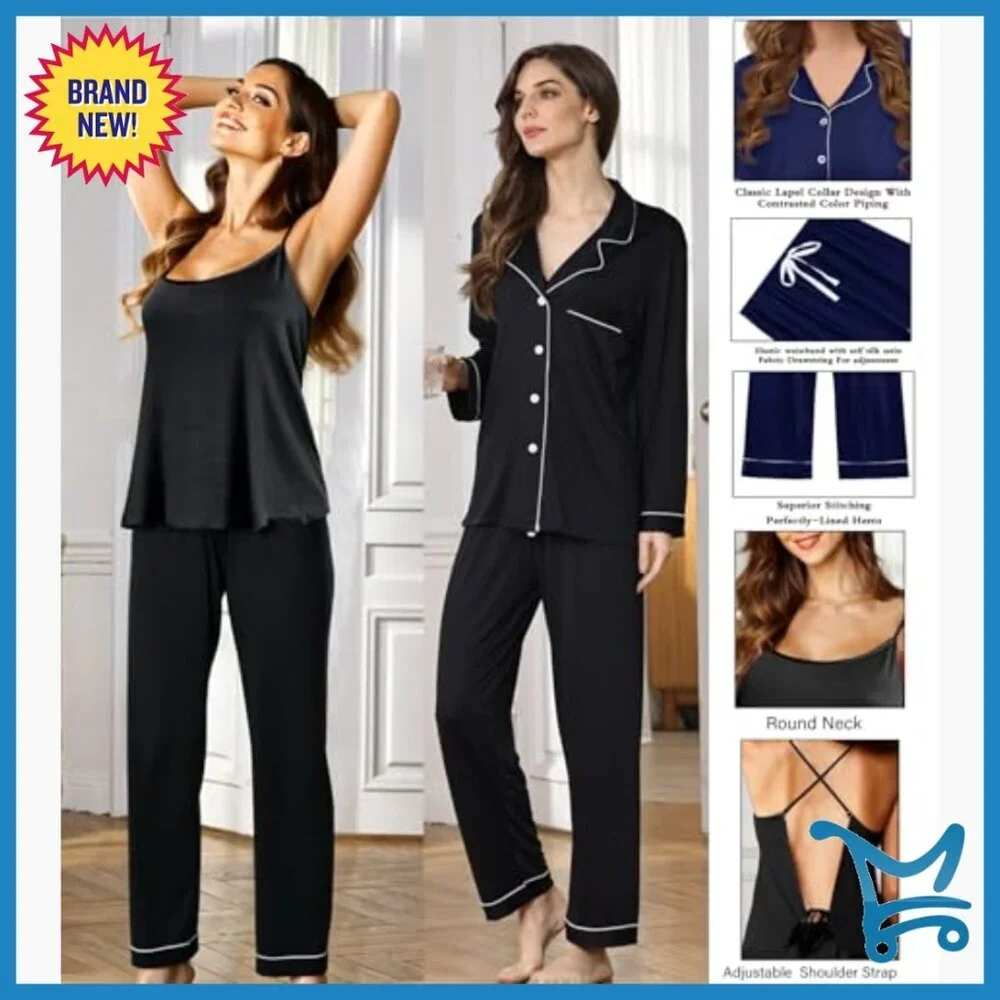 3-Piece Knit Pajama Set with Cami Top, Long Sleeve & Pants, Relaxed Fit